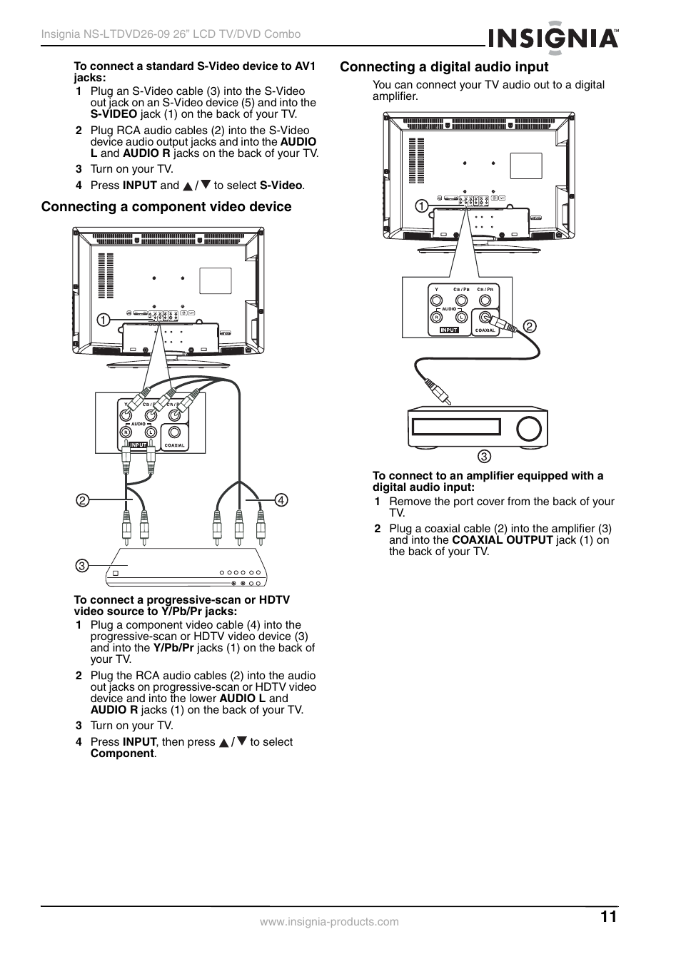 Connecting a component video device, Connecting a digital audio input | Insignia NS-LTDVD26-09 User Manual | Page 11 / 76
