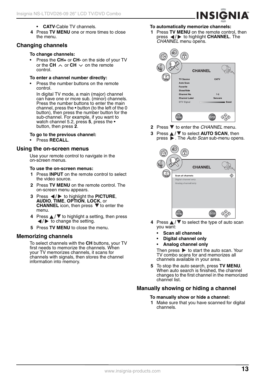 Changing channels, Using the on-screen menus, Memorizing channels | Manually showing or hiding a channel | Insignia NS-LTDVD26-09 User Manual | Page 13 / 76