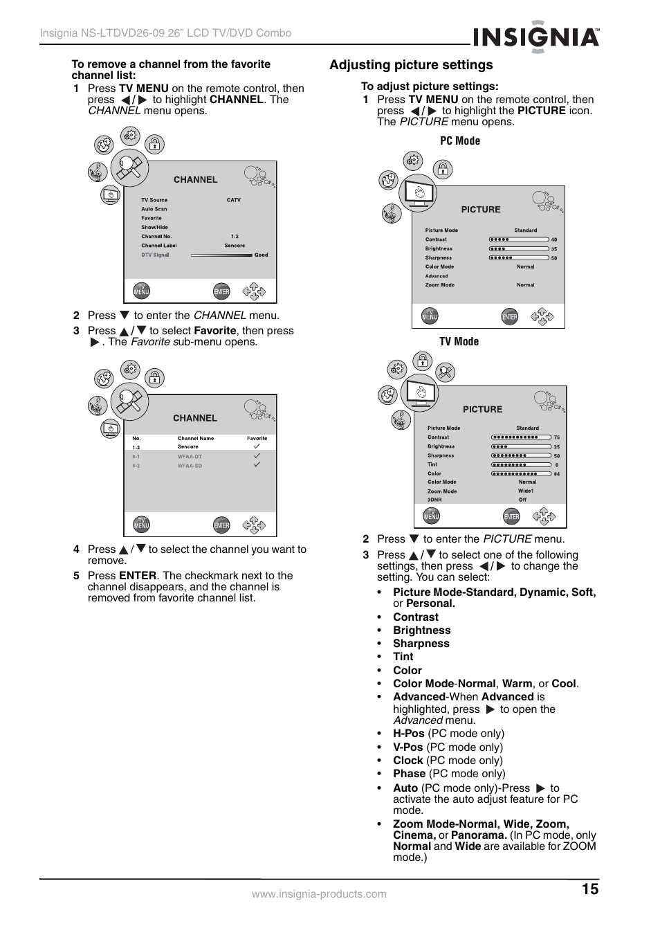 Adjusting picture settings | Insignia NS-LTDVD26-09 User Manual | Page 15 / 76