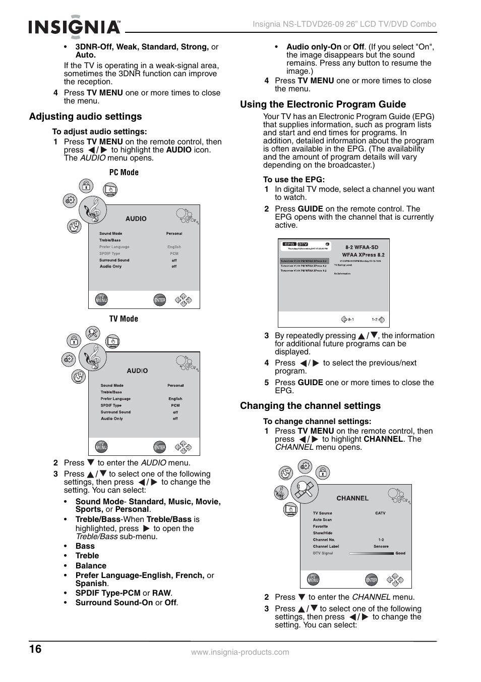 Adjusting audio settings, Using the electronic program guide, Changing the channel settings | Insignia NS-LTDVD26-09 User Manual | Page 16 / 76