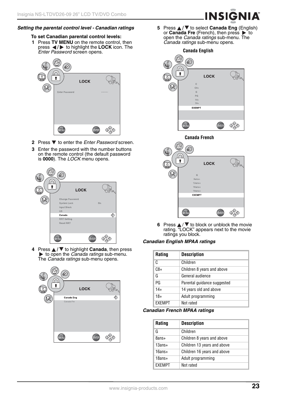 Canadian english mpaa ratings, Canadian french mpaa ratings | Insignia NS-LTDVD26-09 User Manual | Page 23 / 76