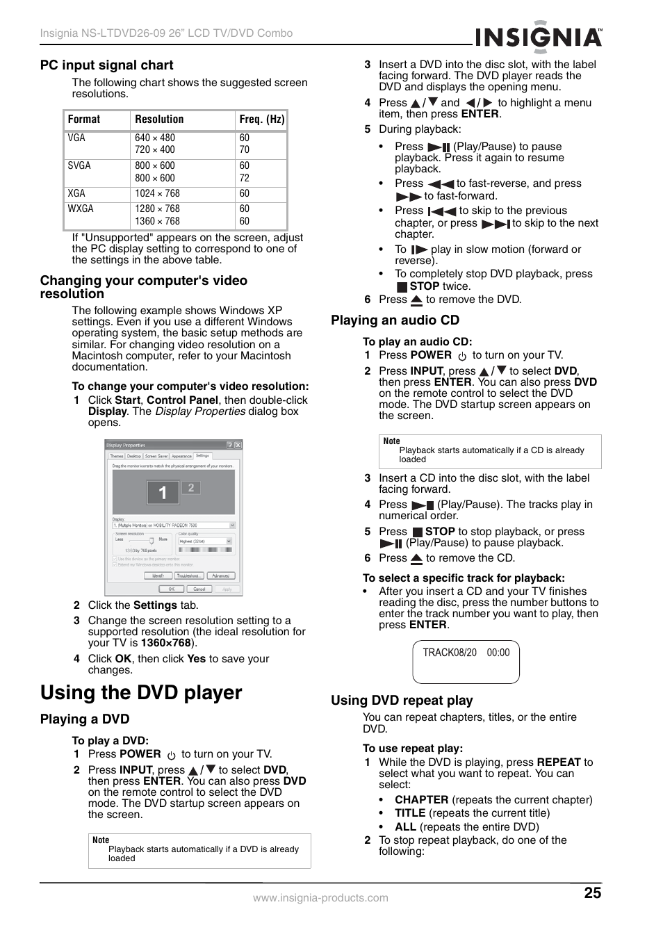 Pc input signal chart, Changing your computer's video resolution, Using the dvd player | Playing a dvd, Playing an audio cd, Using dvd repeat play | Insignia NS-LTDVD26-09 User Manual | Page 25 / 76