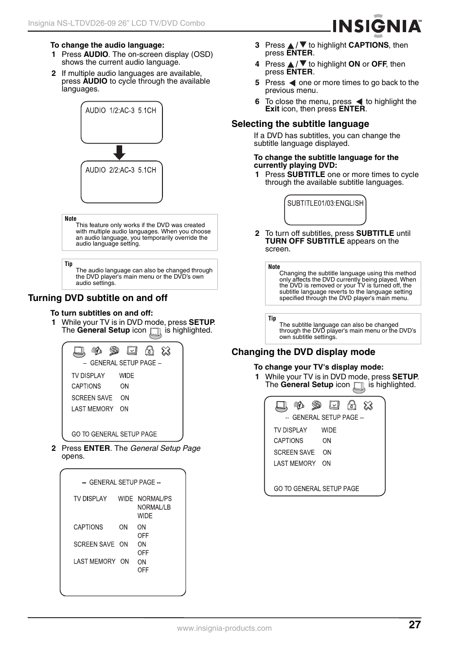 Turning dvd subtitle on and off, Selecting the subtitle language, Changing the dvd display mode | Insignia NS-LTDVD26-09 User Manual | Page 27 / 76