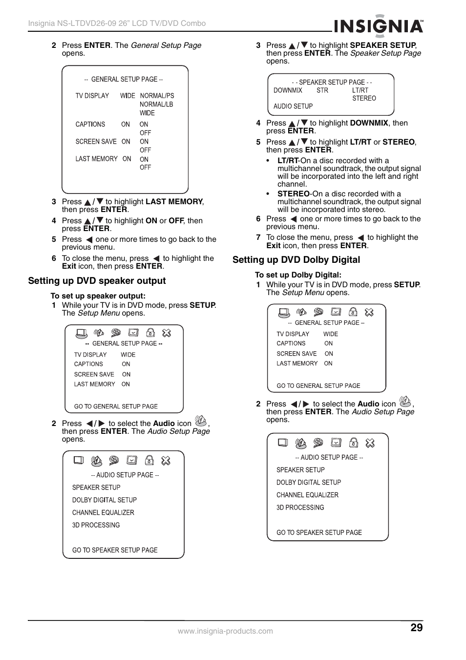 Setting up dvd speaker output, Setting up dvd dolby digital | Insignia NS-LTDVD26-09 User Manual | Page 29 / 76