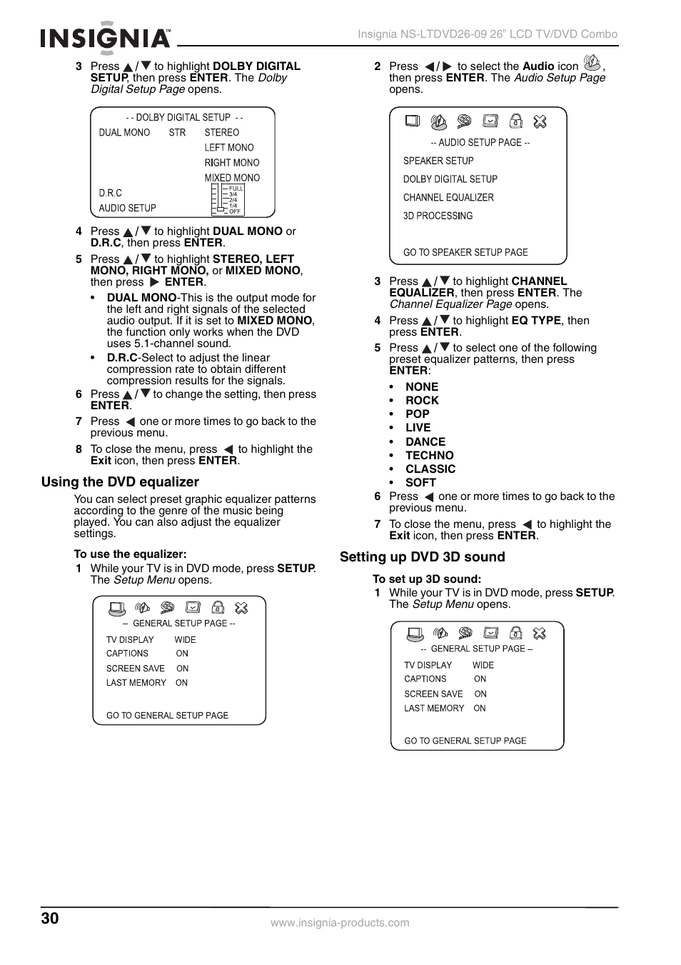 Using the dvd equalizer, Setting up dvd 3d sound, Using the dvd equalizer setting up dvd 3d sound | Insignia NS-LTDVD26-09 User Manual | Page 30 / 76