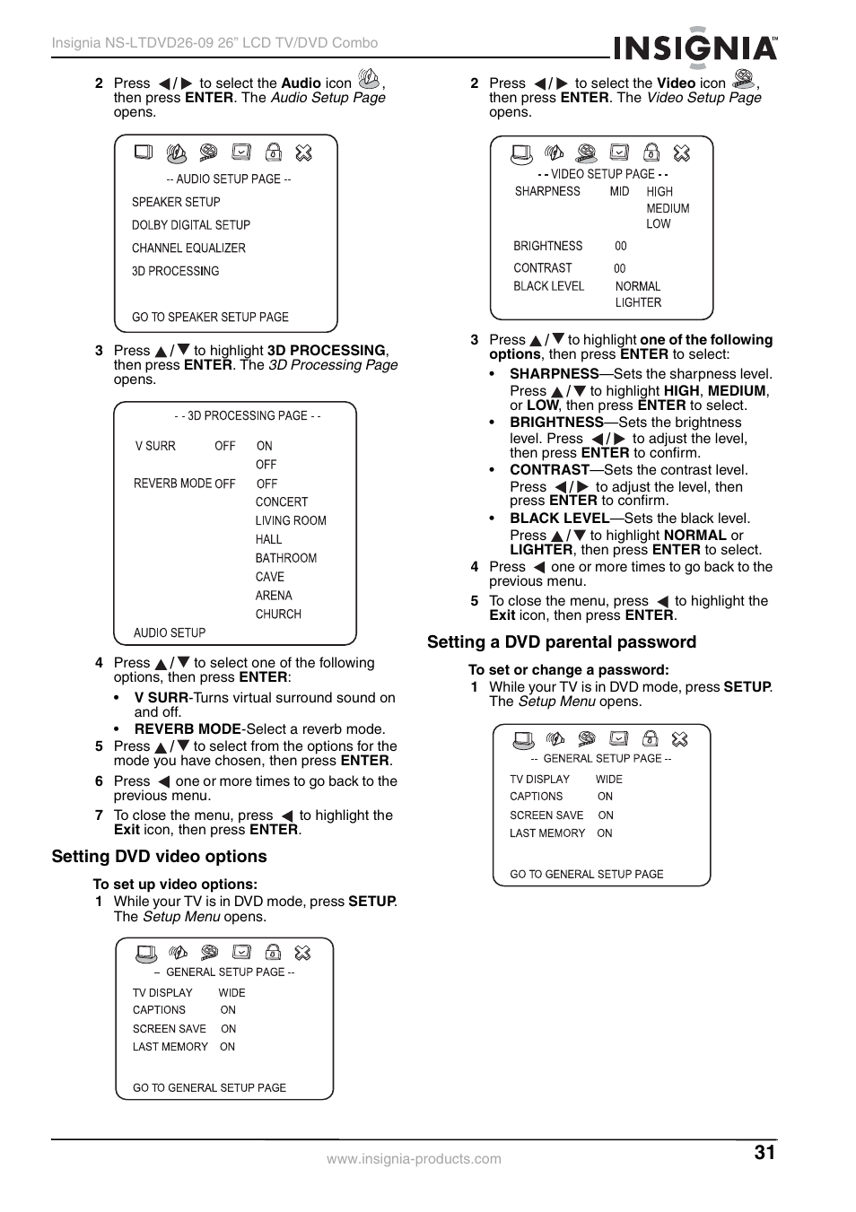 Setting dvd video options, Setting a dvd parental password | Insignia NS-LTDVD26-09 User Manual | Page 31 / 76