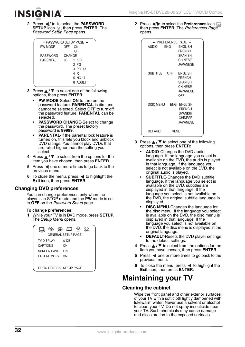 Changing dvd preferences, Maintaining your tv, Cleaning the cabinet | Insignia NS-LTDVD26-09 User Manual | Page 32 / 76