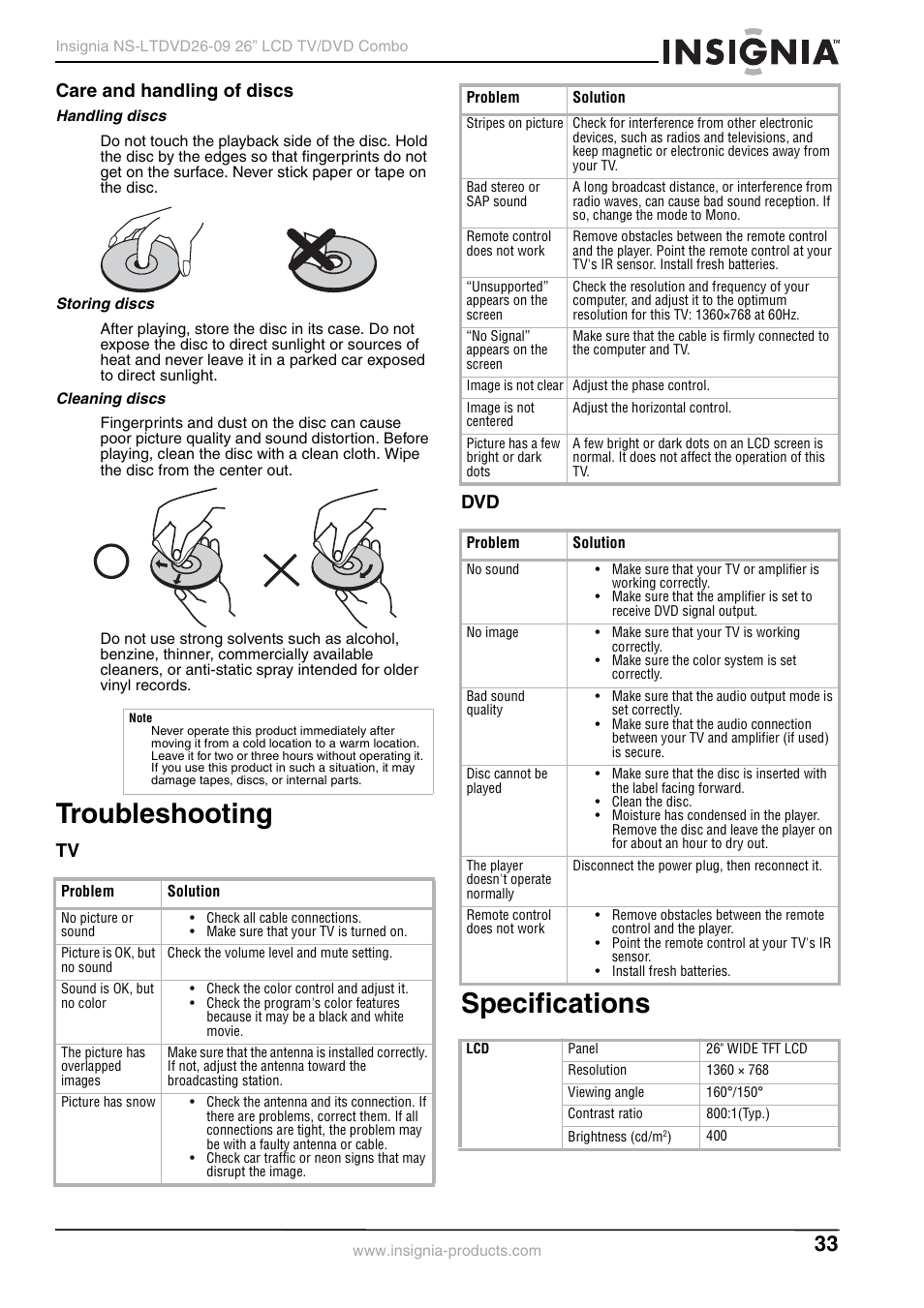 Care and handling of discs, Handling discs, Storing discs | Cleaning discs, Troubleshooting, Specifications, Troubleshooting specifications, Tv dvd | Insignia NS-LTDVD26-09 User Manual | Page 33 / 76