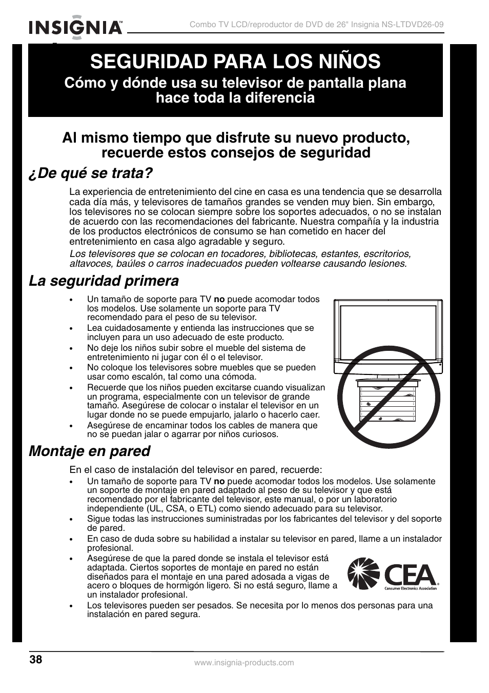 Seguridad para los niños, De qué se trata, La seguridad primera | Montaje en pared | Insignia NS-LTDVD26-09 User Manual | Page 38 / 76
