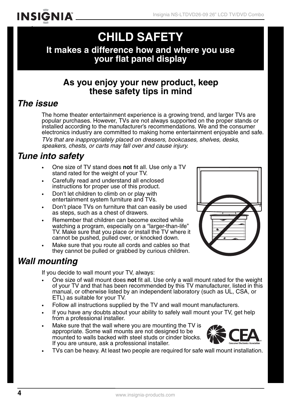 Child safety, The issue, Tune into safety | Wall mounting | Insignia NS-LTDVD26-09 User Manual | Page 4 / 76