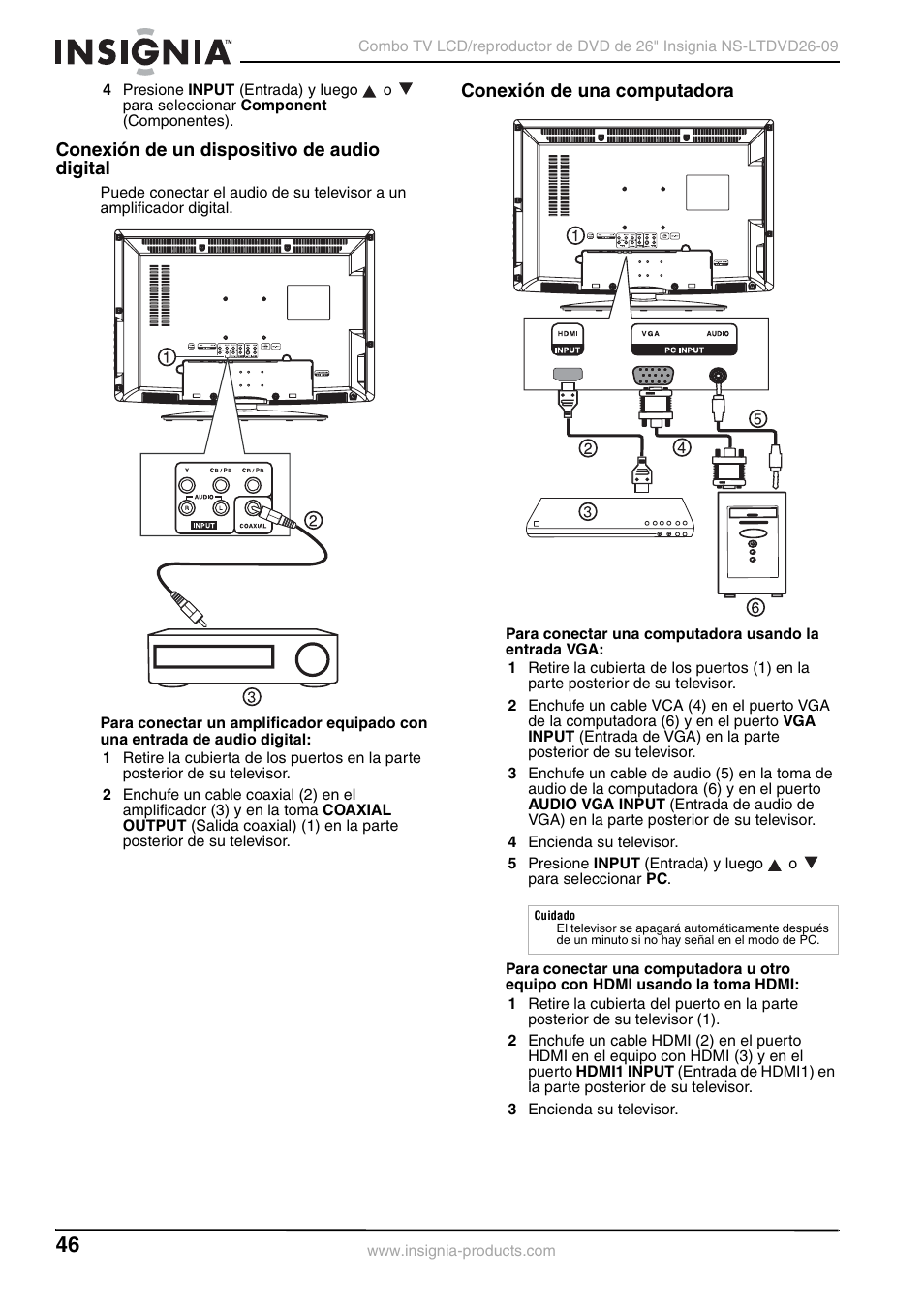 Conexión de un dispositivo de audio digital, Conexión de una computadora | Insignia NS-LTDVD26-09 User Manual | Page 46 / 76