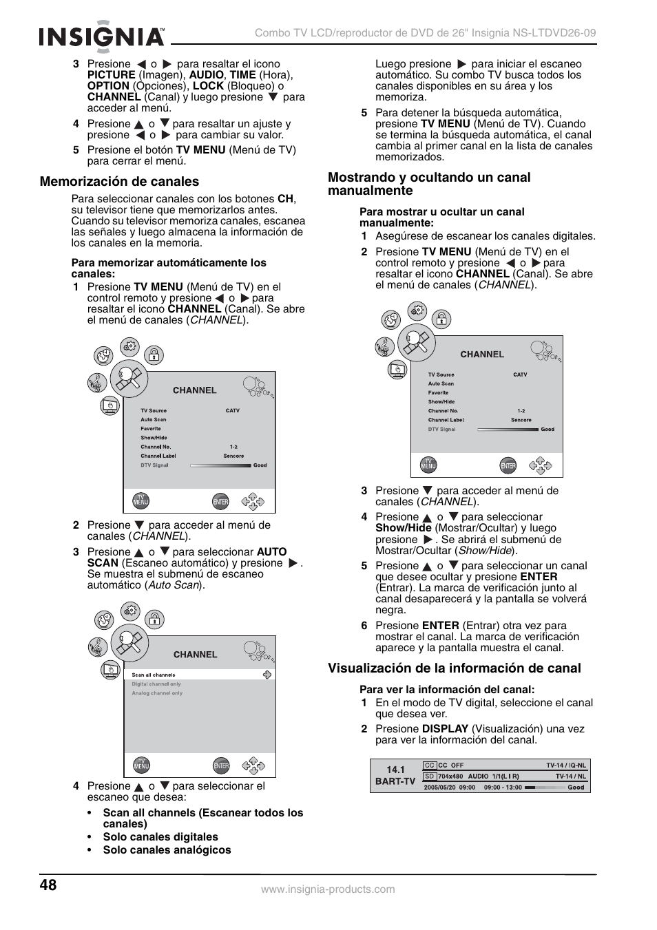 Memorización de canales, Mostrando y ocultando un canal manualmente, Visualización de la información de canal | Insignia NS-LTDVD26-09 User Manual | Page 48 / 76