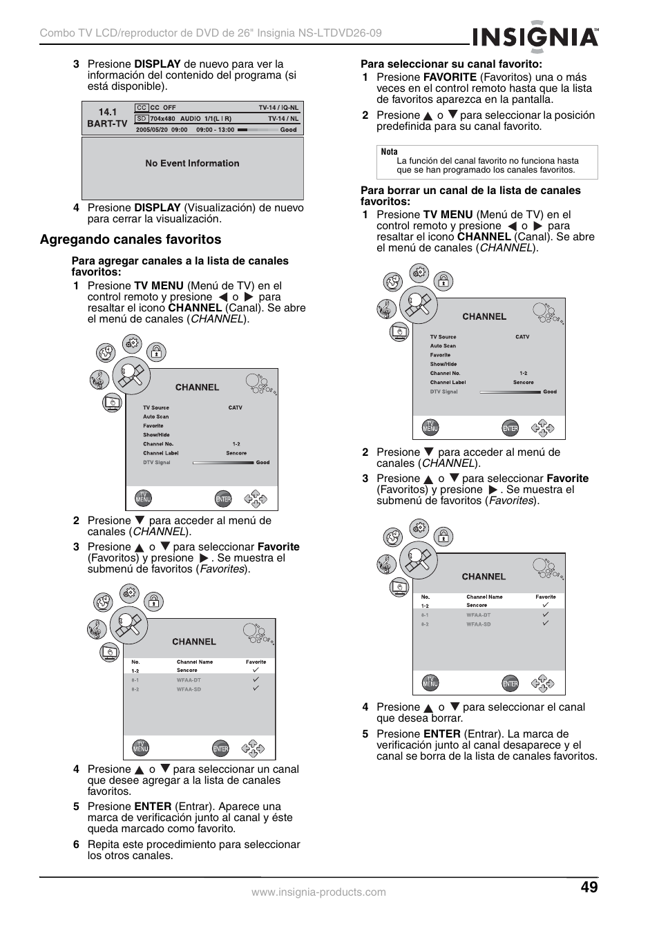 Agregando canales favoritos | Insignia NS-LTDVD26-09 User Manual | Page 49 / 76