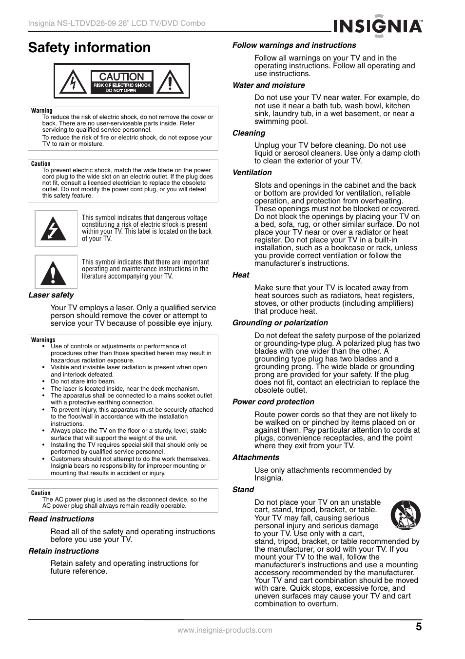 Safety information, Laser safety, Read instructions | Retain instructions, Follow warnings and instructions, Water and moisture, Cleaning, Ventilation, Heat, Grounding or polarization | Insignia NS-LTDVD26-09 User Manual | Page 5 / 76