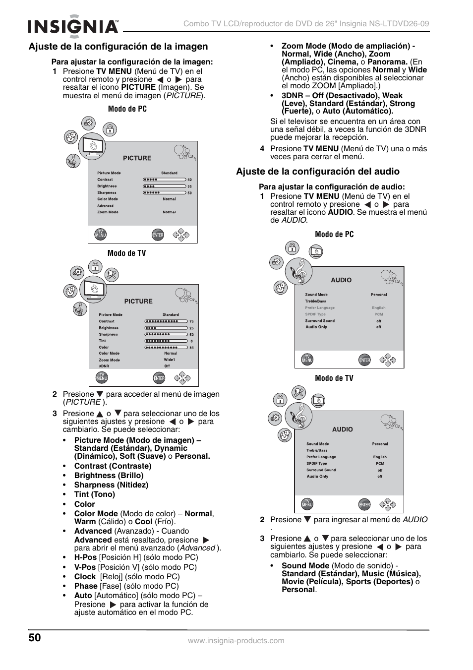 Ajuste de la configuración de la imagen, Ajuste de la configuración del audio | Insignia NS-LTDVD26-09 User Manual | Page 50 / 76