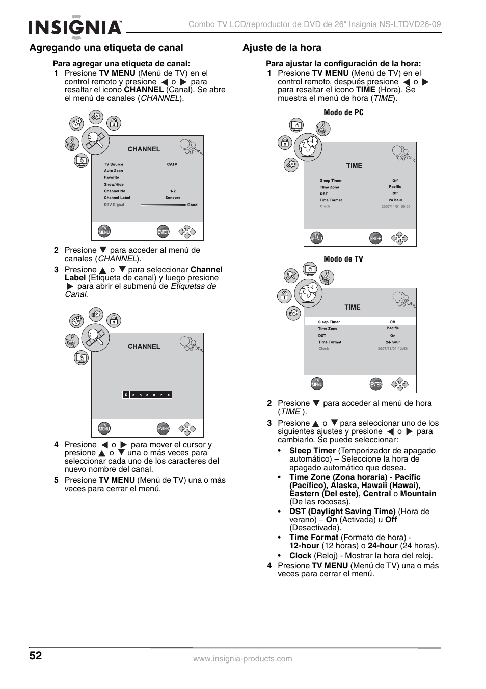 Agregando una etiqueta de canal, Ajuste de la hora, Agregando una etiqueta de canal ajuste de la hora | A 52 | Insignia NS-LTDVD26-09 User Manual | Page 52 / 76