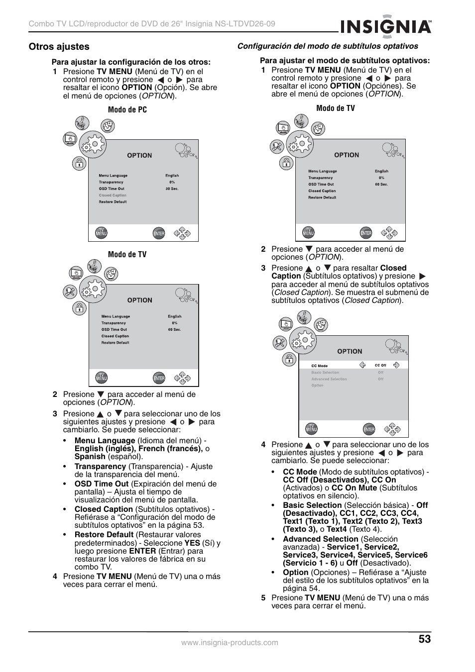 Otros ajustes, Configuración del modo de subtítulos optativos | Insignia NS-LTDVD26-09 User Manual | Page 53 / 76