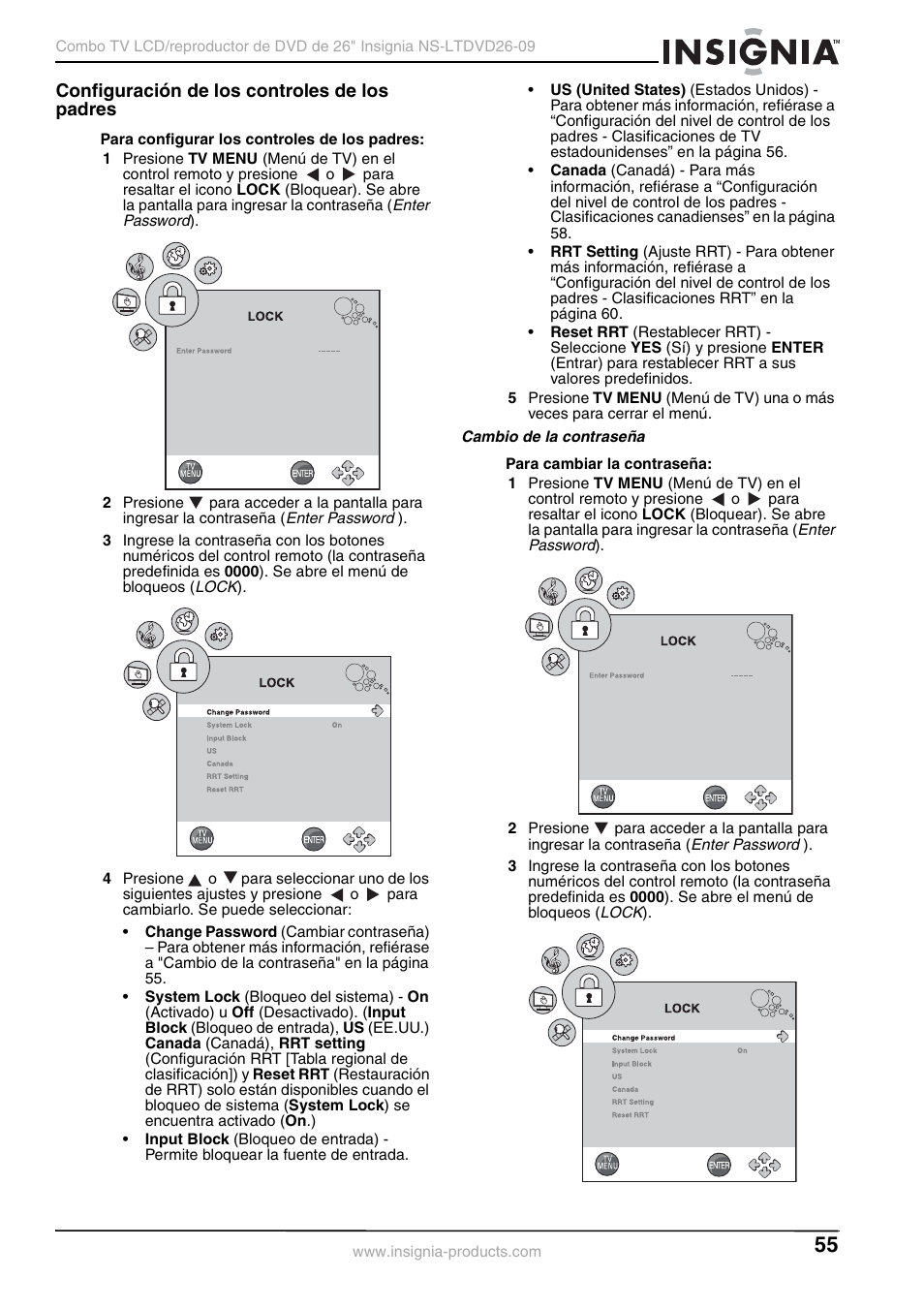 Configuración de los controles de los padres, Cambio de la contraseña | Insignia NS-LTDVD26-09 User Manual | Page 55 / 76