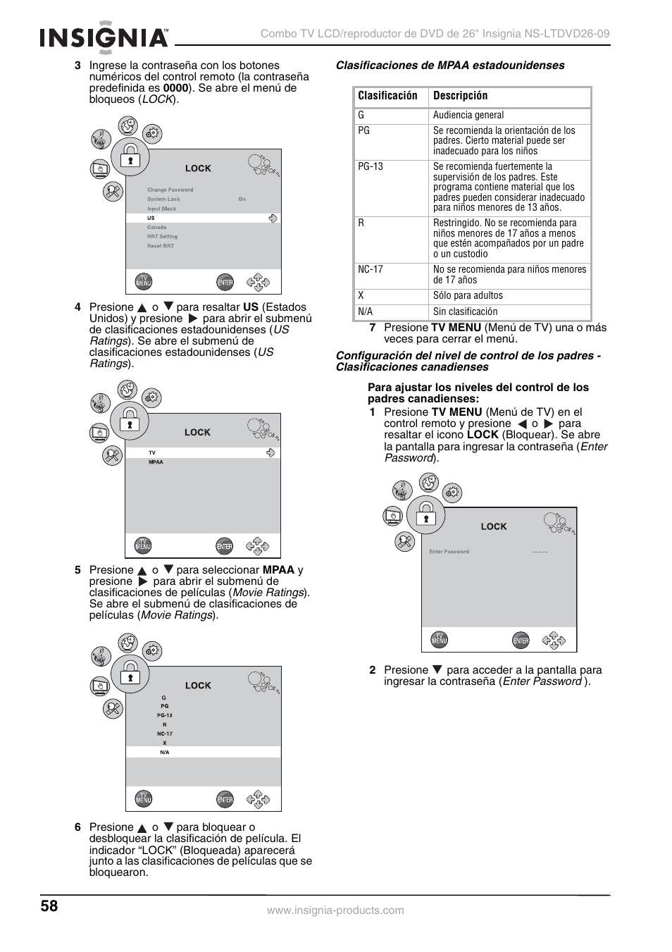 Clasificaciones de mpaa estadounidenses | Insignia NS-LTDVD26-09 User Manual | Page 58 / 76
