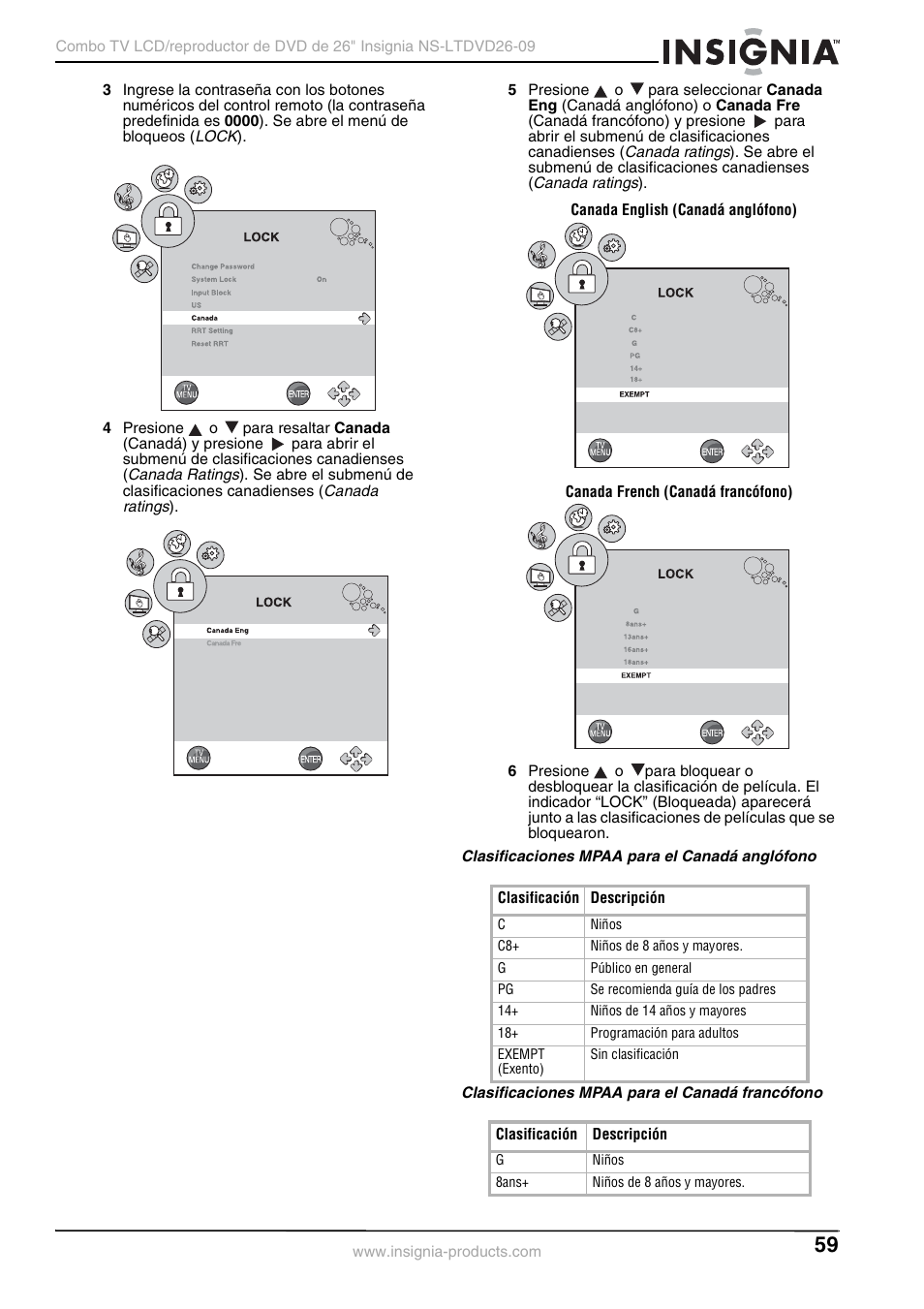 Clasificaciones mpaa para el canadá anglófono, Clasificaciones mpaa para el canadá francófono | Insignia NS-LTDVD26-09 User Manual | Page 59 / 76
