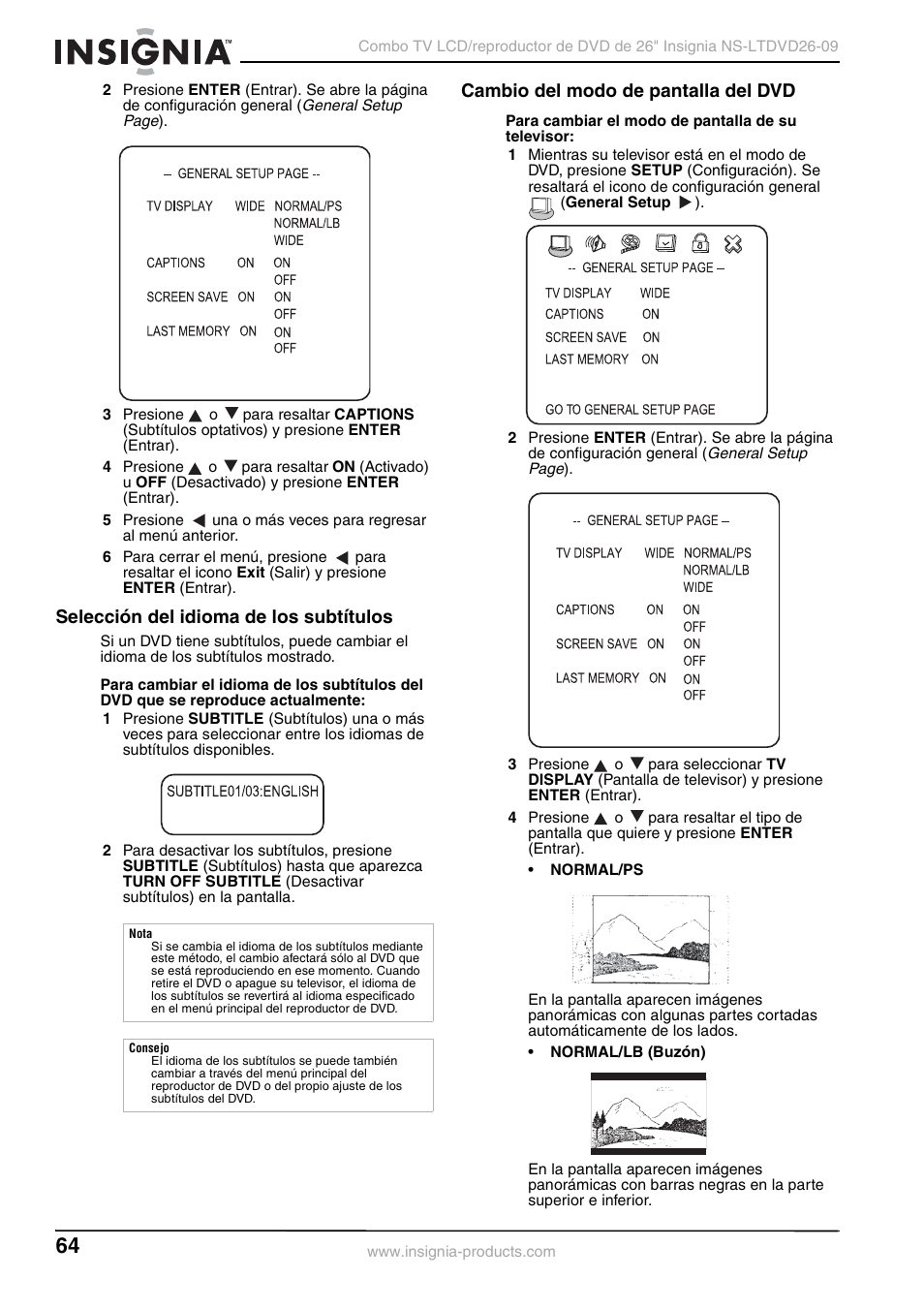 Selección del idioma de los subtítulos, Cambio del modo de pantalla del dvd | Insignia NS-LTDVD26-09 User Manual | Page 64 / 76