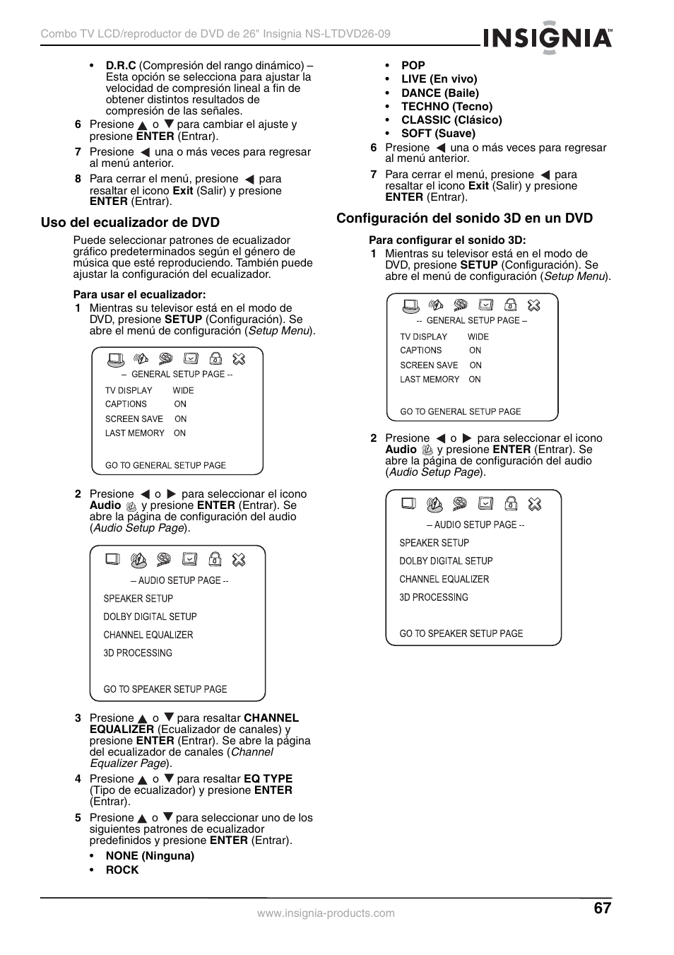 Uso del ecualizador de dvd, Configuración del sonido 3d en un dvd | Insignia NS-LTDVD26-09 User Manual | Page 67 / 76