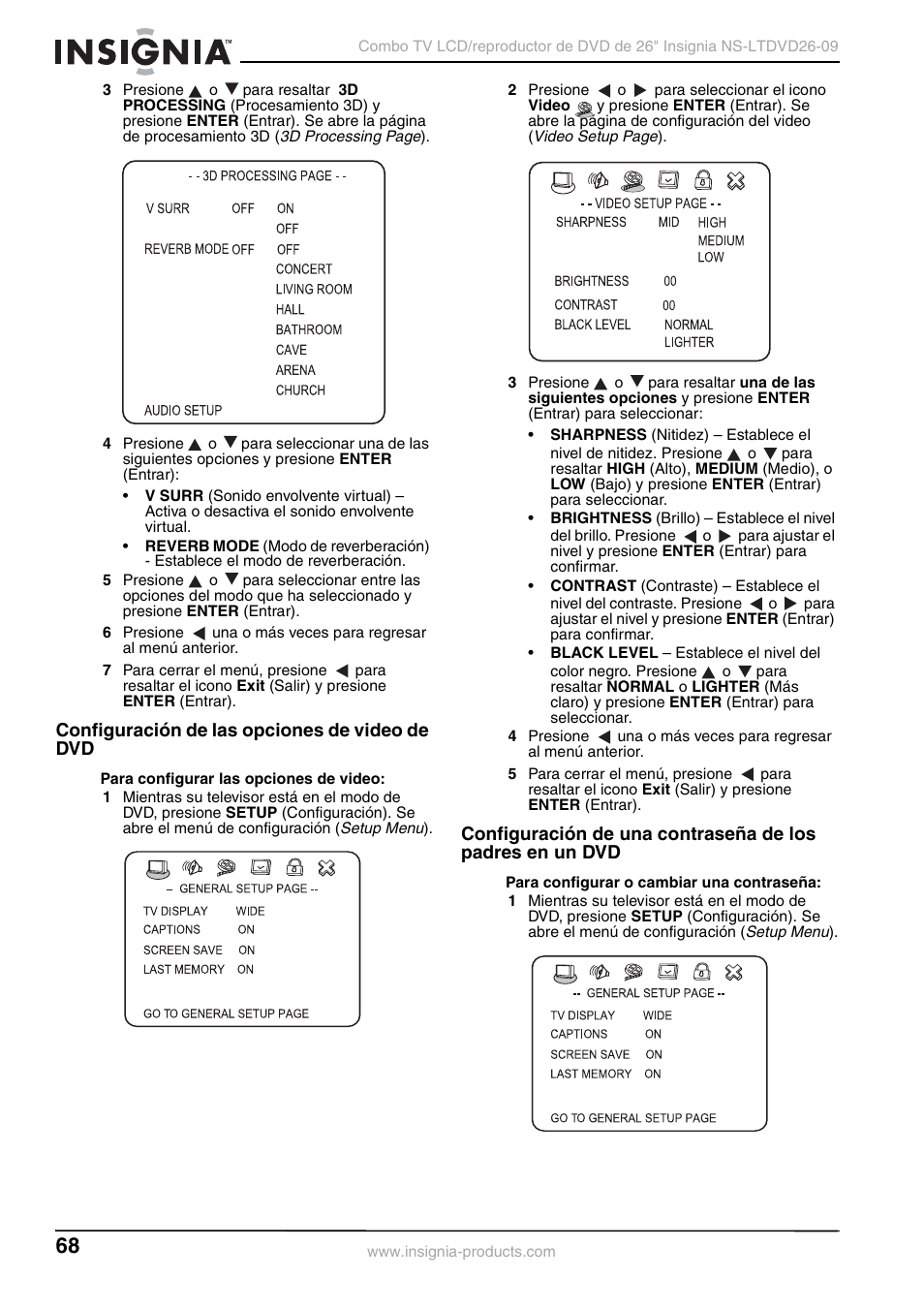 Configuración de las opciones de video de dvd | Insignia NS-LTDVD26-09 User Manual | Page 68 / 76