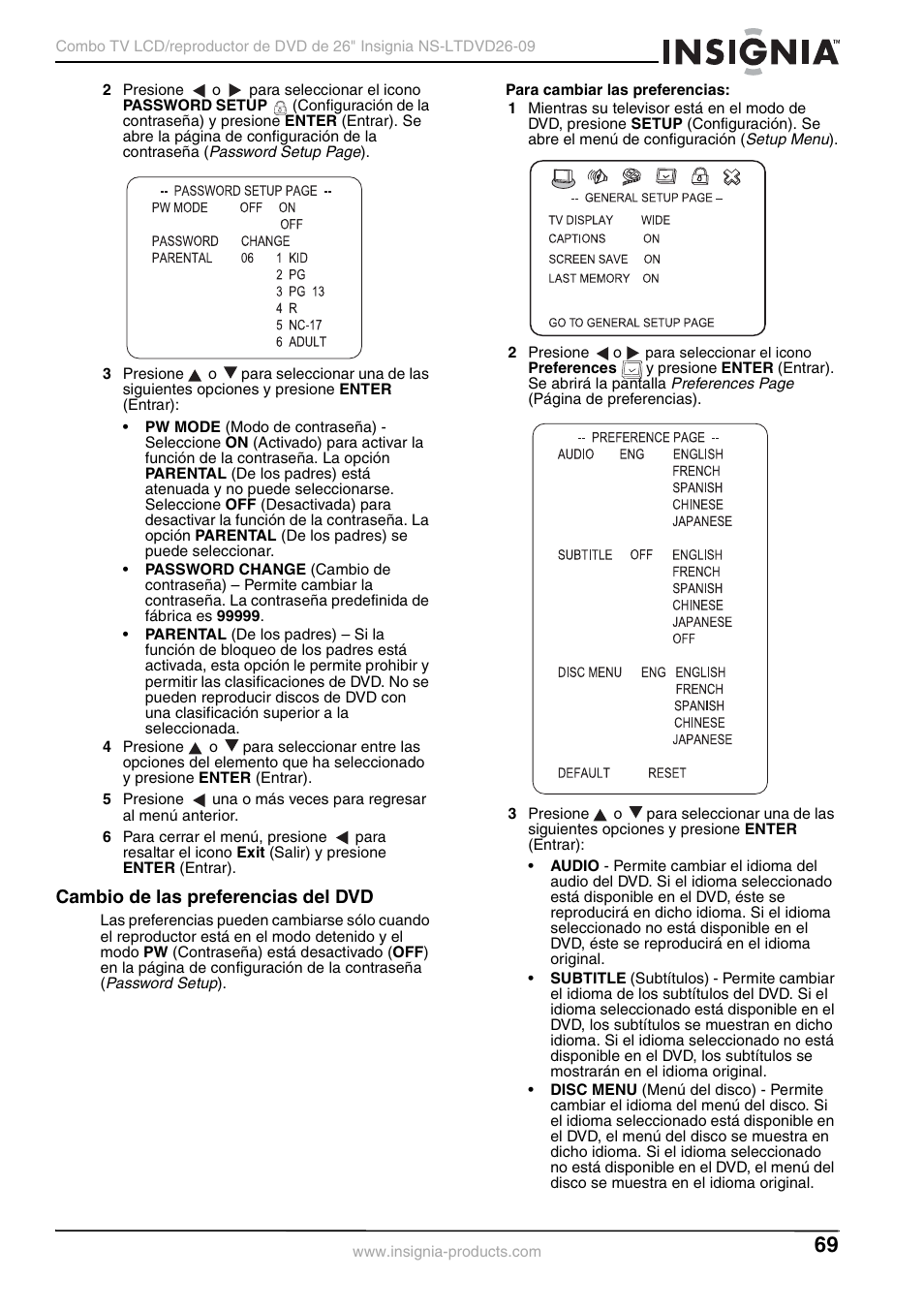 Cambio de las preferencias del dvd | Insignia NS-LTDVD26-09 User Manual | Page 69 / 76