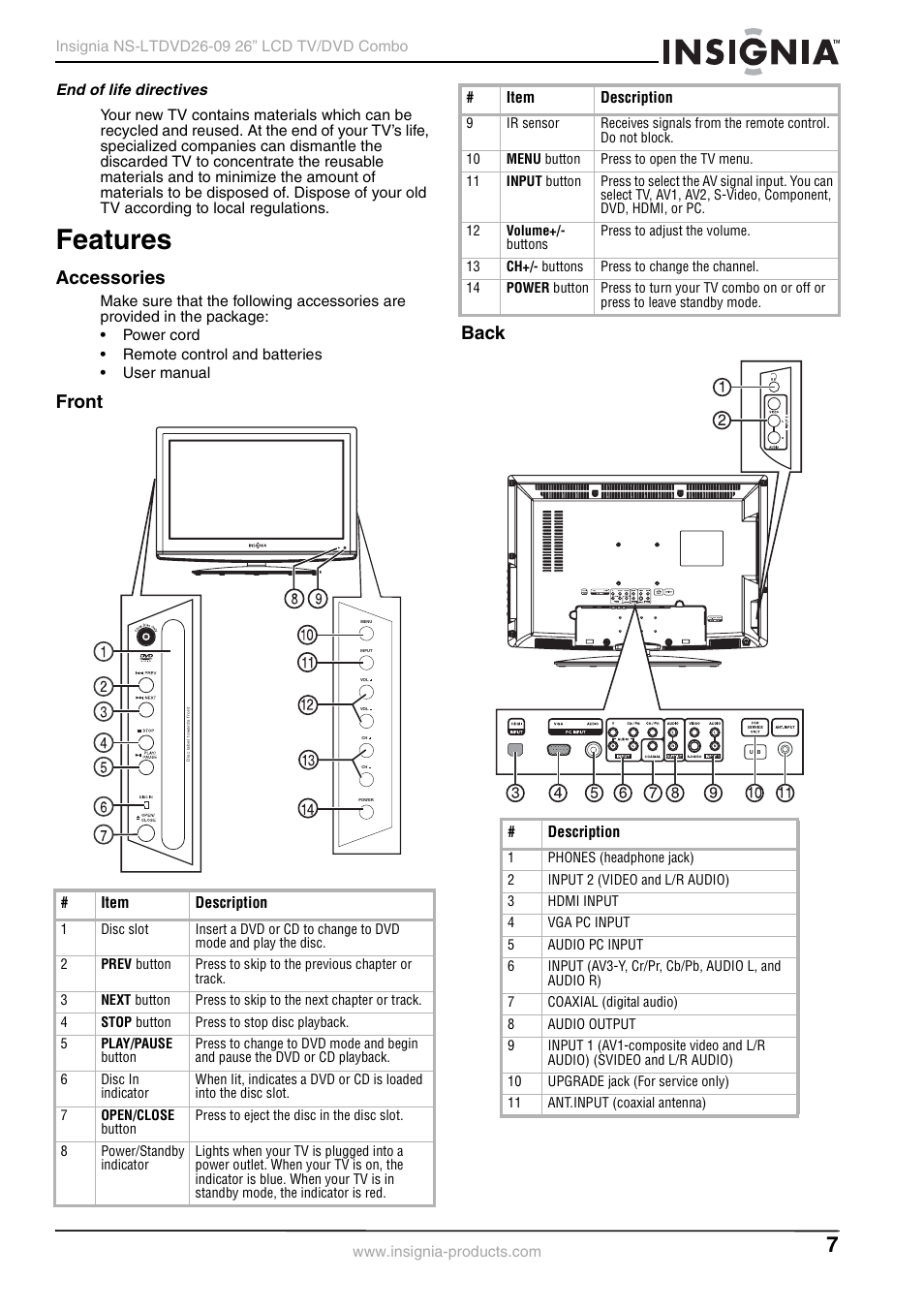 End of life directives, Features, Accessories | Front, Back, Accessories front back, Front back | Insignia NS-LTDVD26-09 User Manual | Page 7 / 76