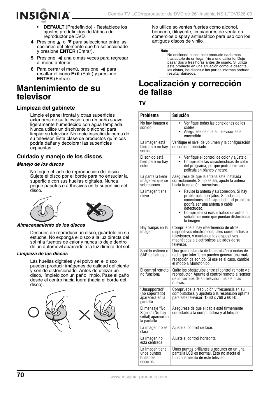 Mantenimiento de su televisor, Limpieza del gabinete, Cuidado y manejo de los discos | Manejo de los discos, Almacenamiento de los discos, Limpieza de los discos, Localización y corrección de fallas | Insignia NS-LTDVD26-09 User Manual | Page 70 / 76