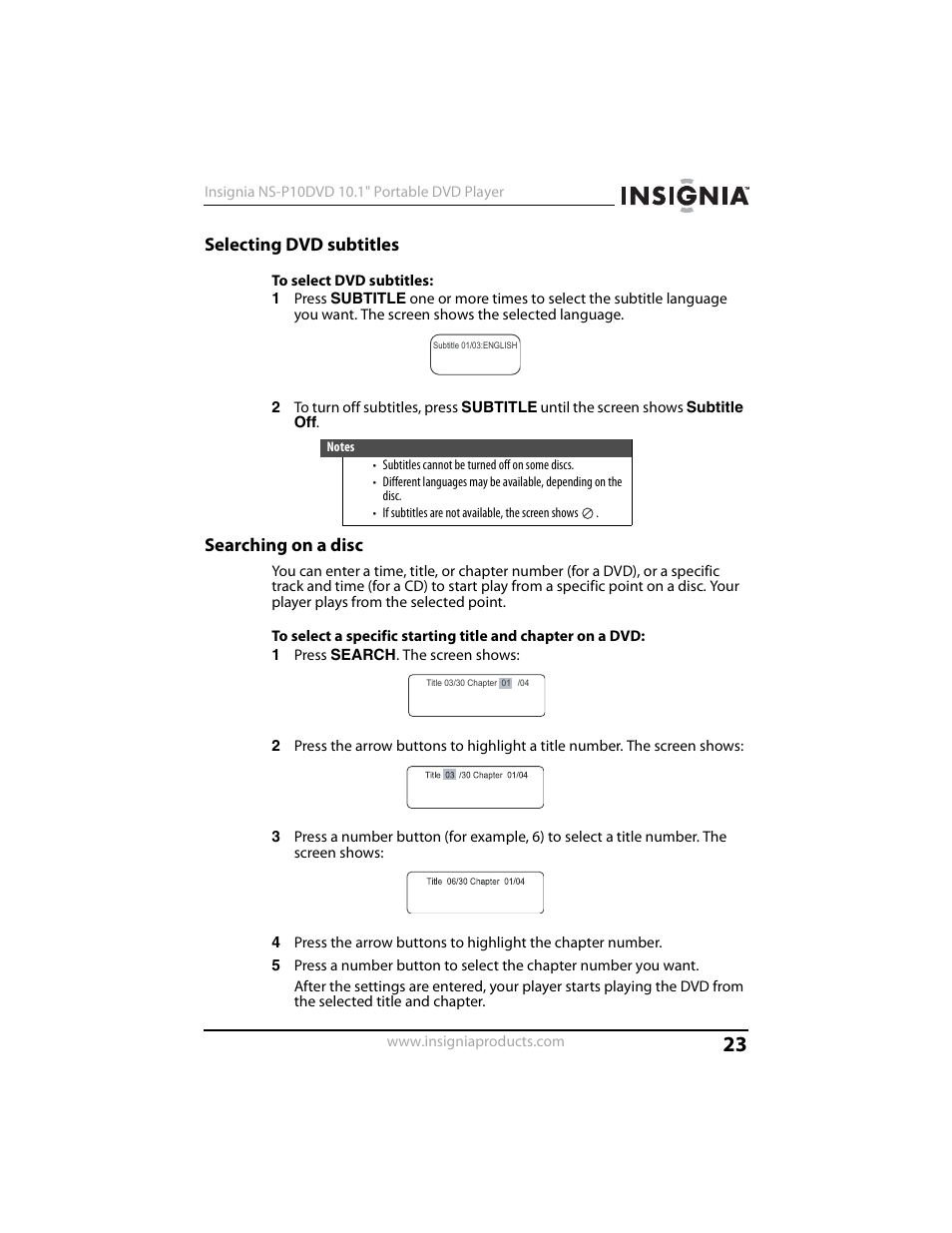 Selecting dvd subtitles, Searching on a disc | Insignia NS-P10DVD User Manual | Page 23 / 44