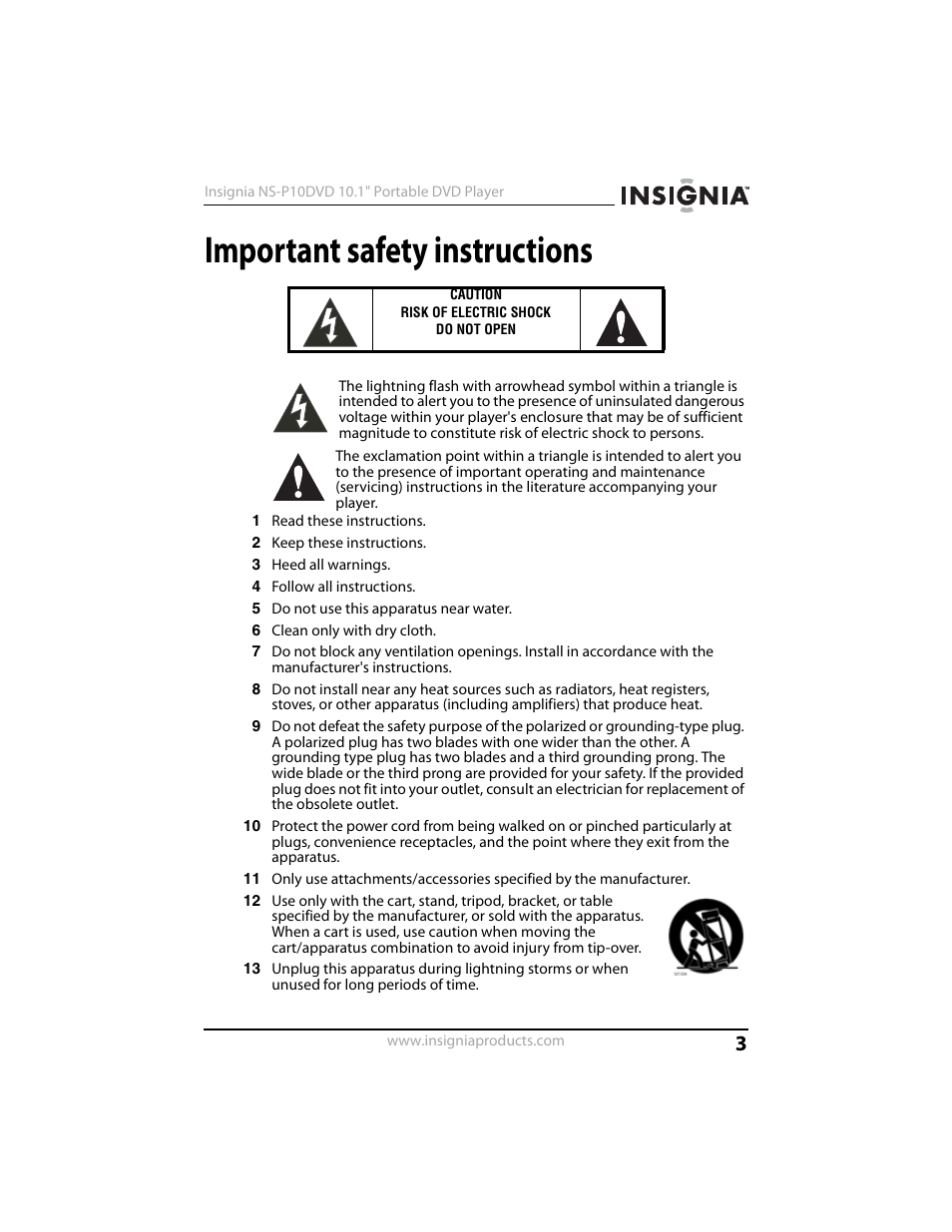 Important safety instructions | Insignia NS-P10DVD User Manual | Page 3 / 44