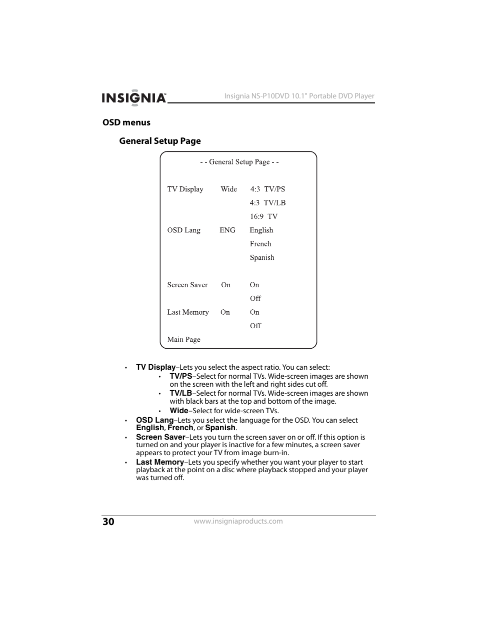 Osd menus | Insignia NS-P10DVD User Manual | Page 30 / 44