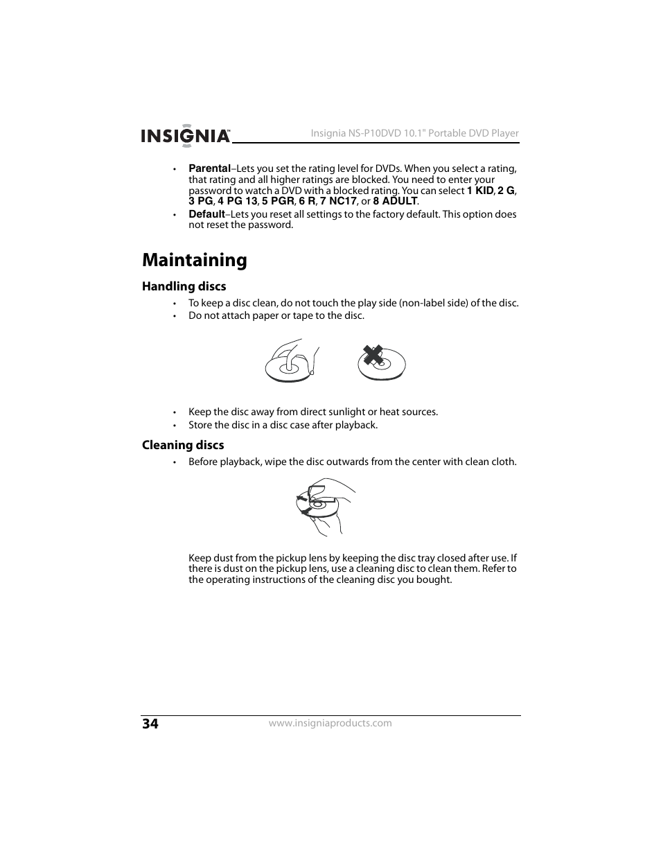 Maintaining, Handling discs, Cleaning discs | Insignia NS-P10DVD User Manual | Page 34 / 44