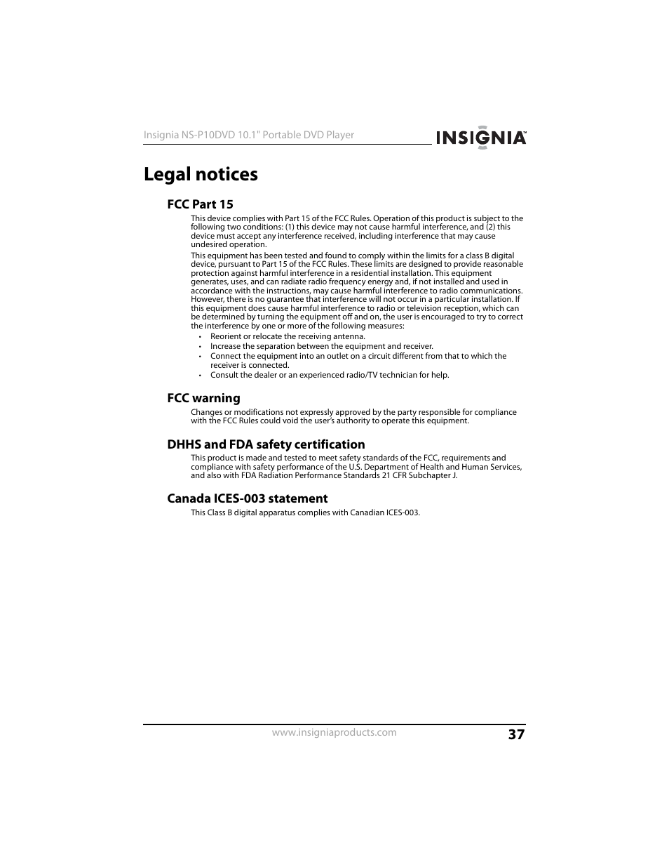 Legal notices, Fcc part 15, Fcc warning | Dhhs and fda safety certification, Canada ices-003 statement | Insignia NS-P10DVD User Manual | Page 37 / 44