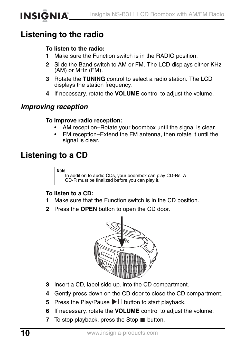 Listening to the radio, Improving reception, Listening to a cd | Insignia NS-B3111 User Manual | Page 10 / 56