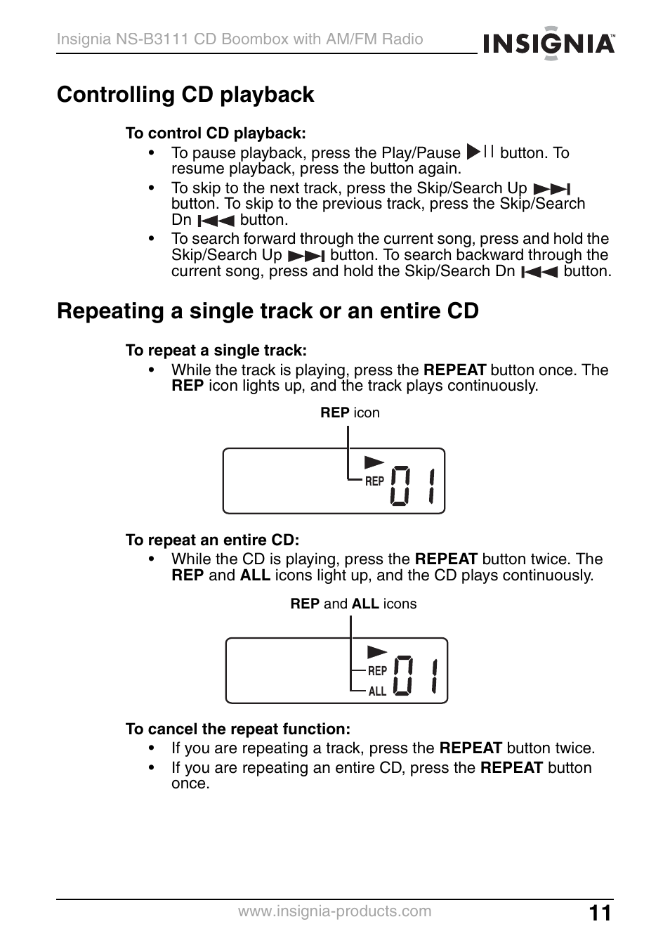 Controlling cd playback, Repeating a single track or an entire cd | Insignia NS-B3111 User Manual | Page 11 / 56