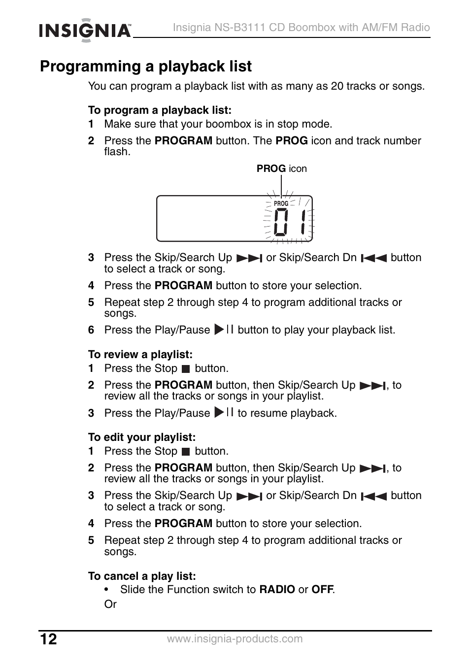 Programming a playback list | Insignia NS-B3111 User Manual | Page 12 / 56