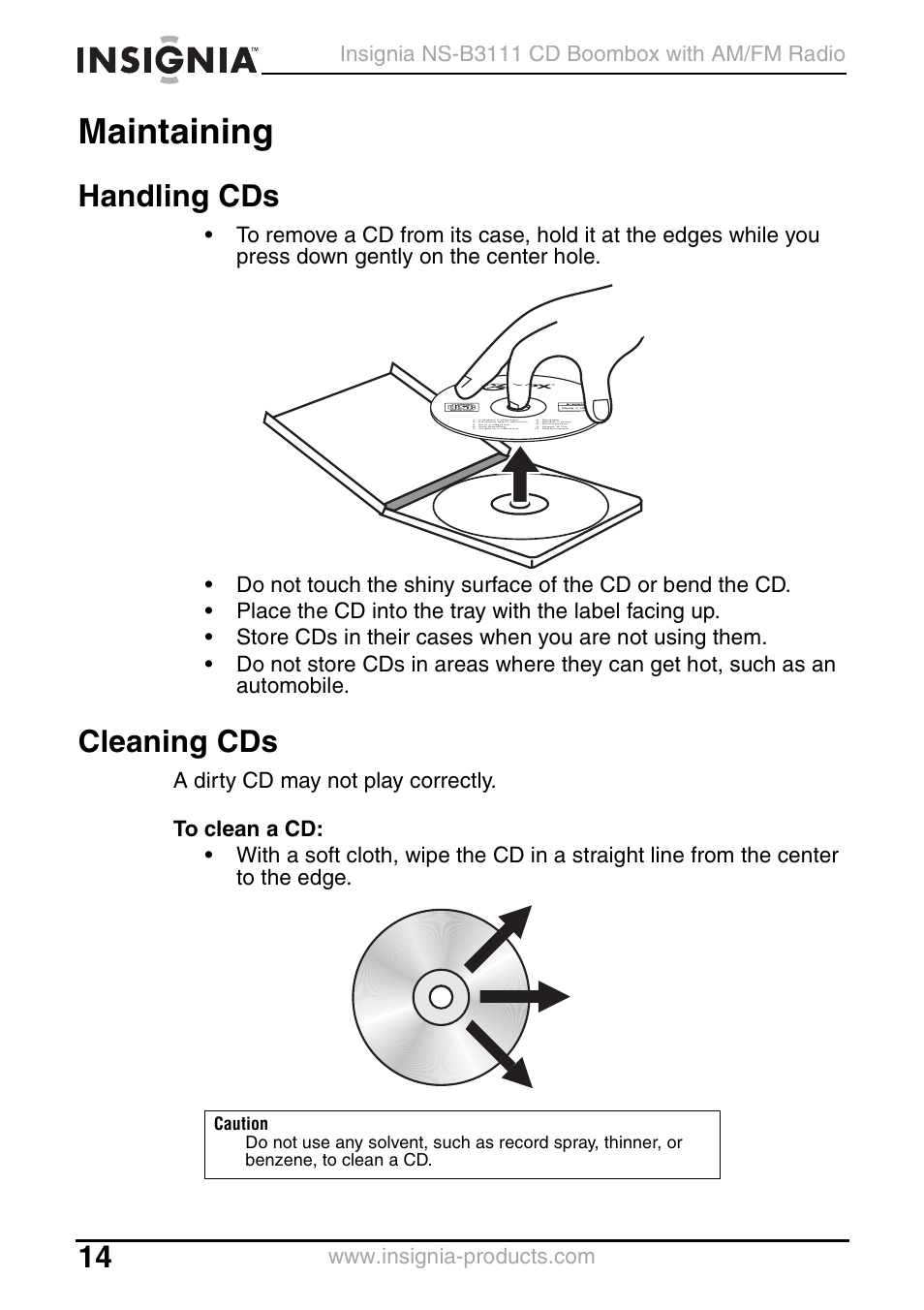 Maintaining, Handling cds, Cleaning cds | Insignia NS-B3111 User Manual | Page 14 / 56