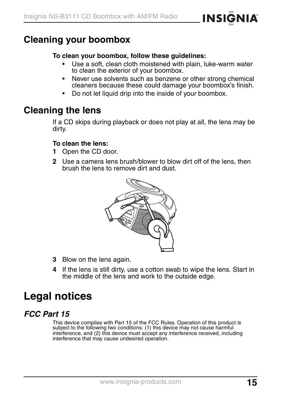 Cleaning your boombox, Cleaning the lens, Legal notices | Fcc part 15 | Insignia NS-B3111 User Manual | Page 15 / 56
