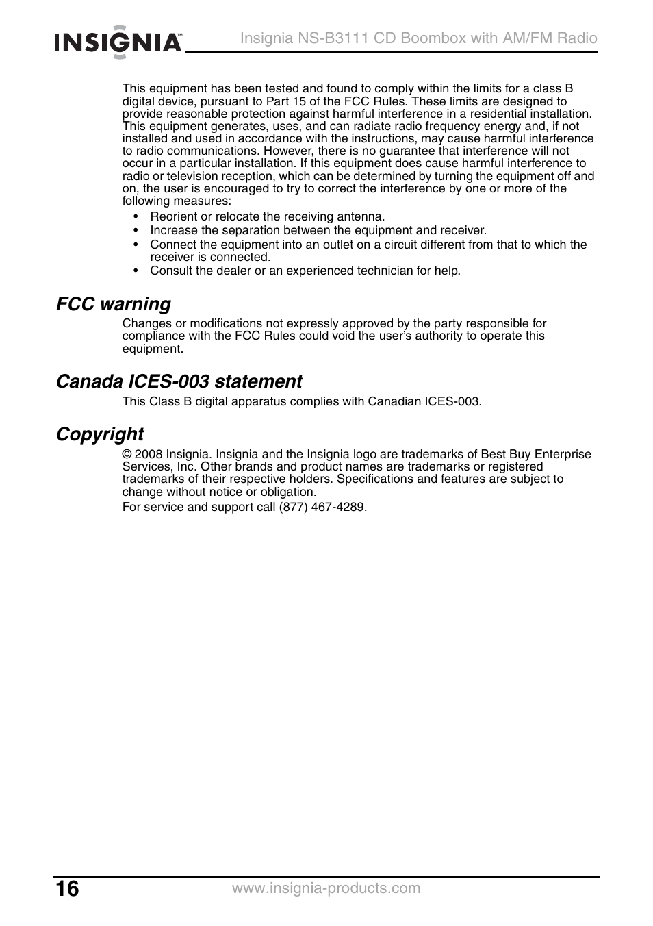 Fcc warning, Canada ices-003 statement, Copyright | Insignia NS-B3111 User Manual | Page 16 / 56