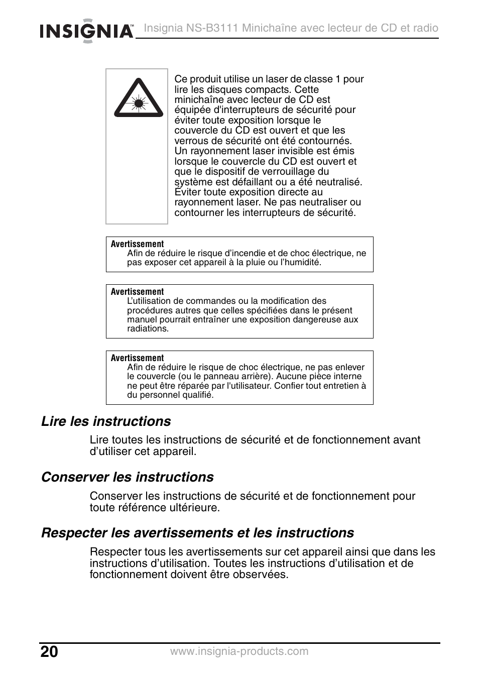 Lire les instructions, Conserver les instructions, Respecter les avertissements et les instructions | Insignia NS-B3111 User Manual | Page 20 / 56