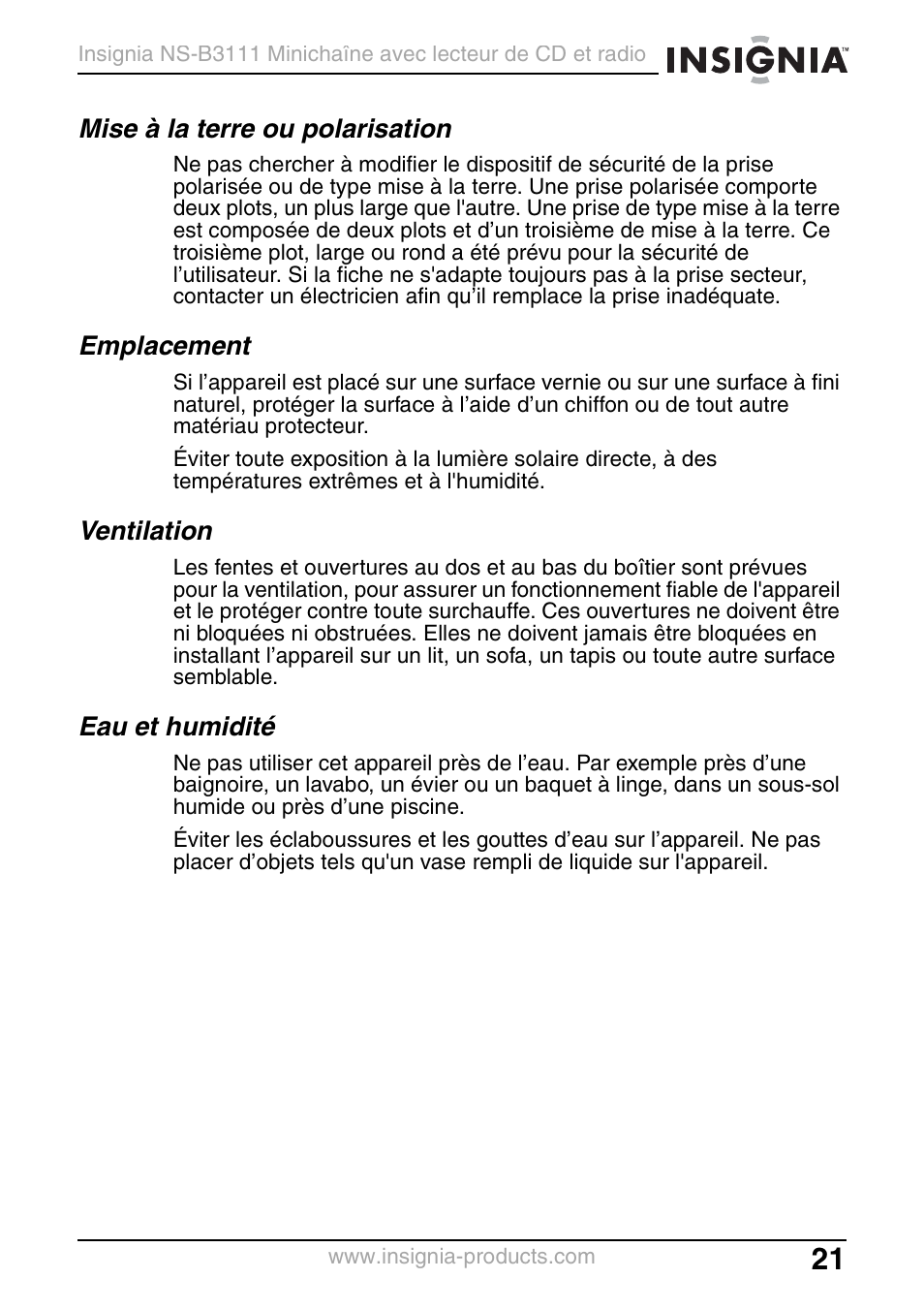 Mise à la terre ou polarisation, Emplacement, Ventilation | Eau et humidité | Insignia NS-B3111 User Manual | Page 21 / 56