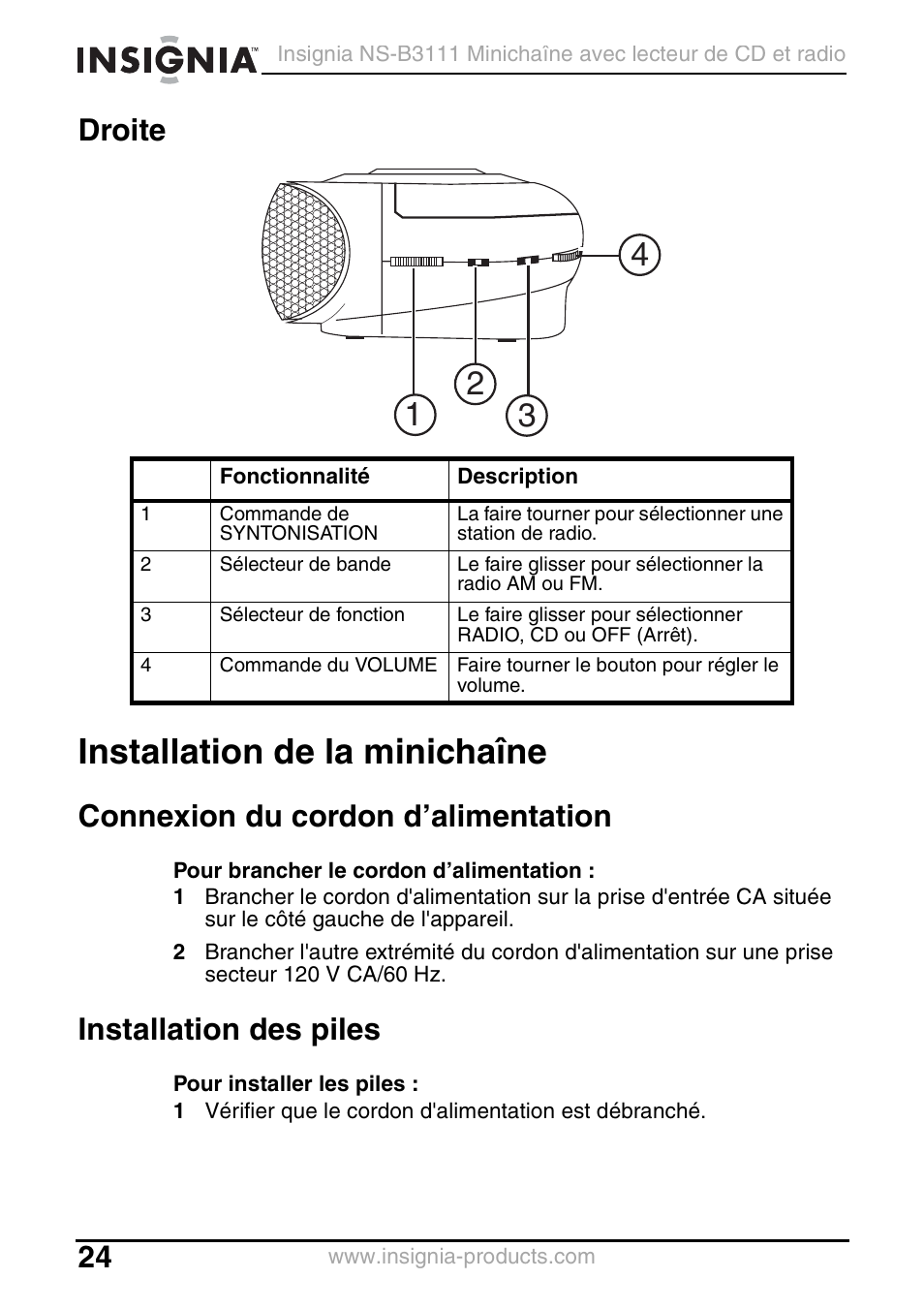 Droite, Installation de la minichaîne, Connexion du cordon d’alimentation | Installation des piles | Insignia NS-B3111 User Manual | Page 24 / 56