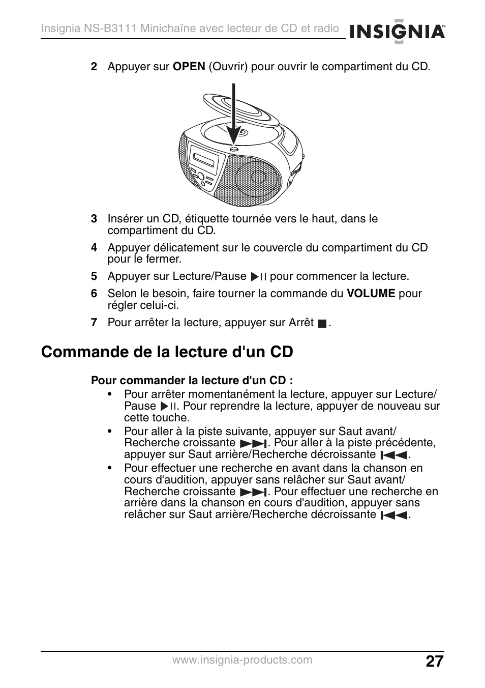 Commande de la lecture d'un cd | Insignia NS-B3111 User Manual | Page 27 / 56