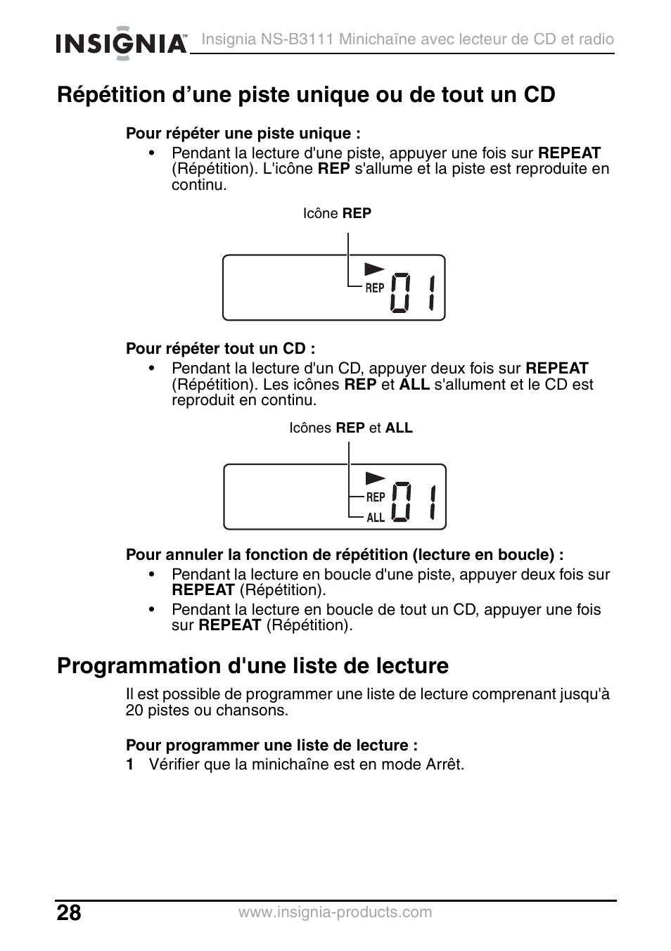 Répétition d’une piste unique ou de tout un cd, Programmation d'une liste de lecture | Insignia NS-B3111 User Manual | Page 28 / 56