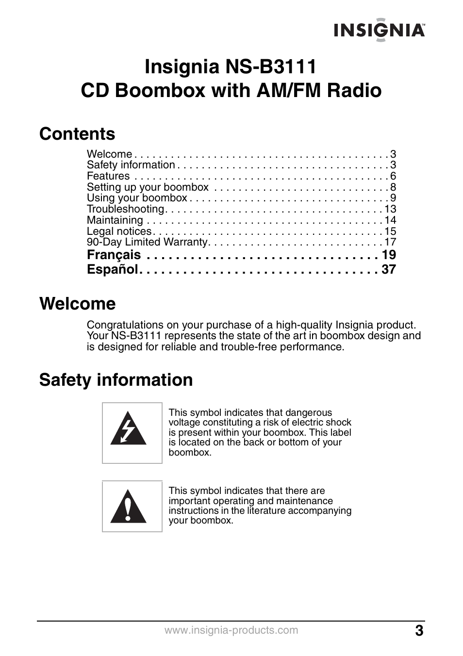 Insignia NS-B3111 User Manual | Page 3 / 56