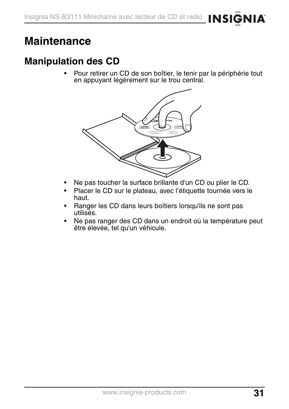 Maintenance, Manipulation des cd | Insignia NS-B3111 User Manual | Page 31 / 56