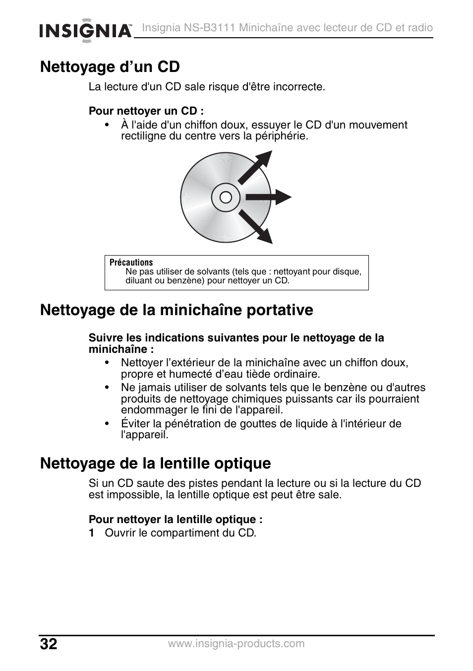 Nettoyage d’un cd, Nettoyage de la minichaîne portative, Nettoyage de la lentille optique | Insignia NS-B3111 User Manual | Page 32 / 56