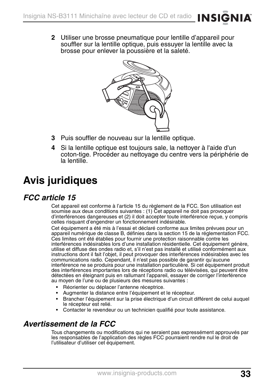 Avis juridiques, Fcc article 15, Avertissement de la fcc | Insignia NS-B3111 User Manual | Page 33 / 56